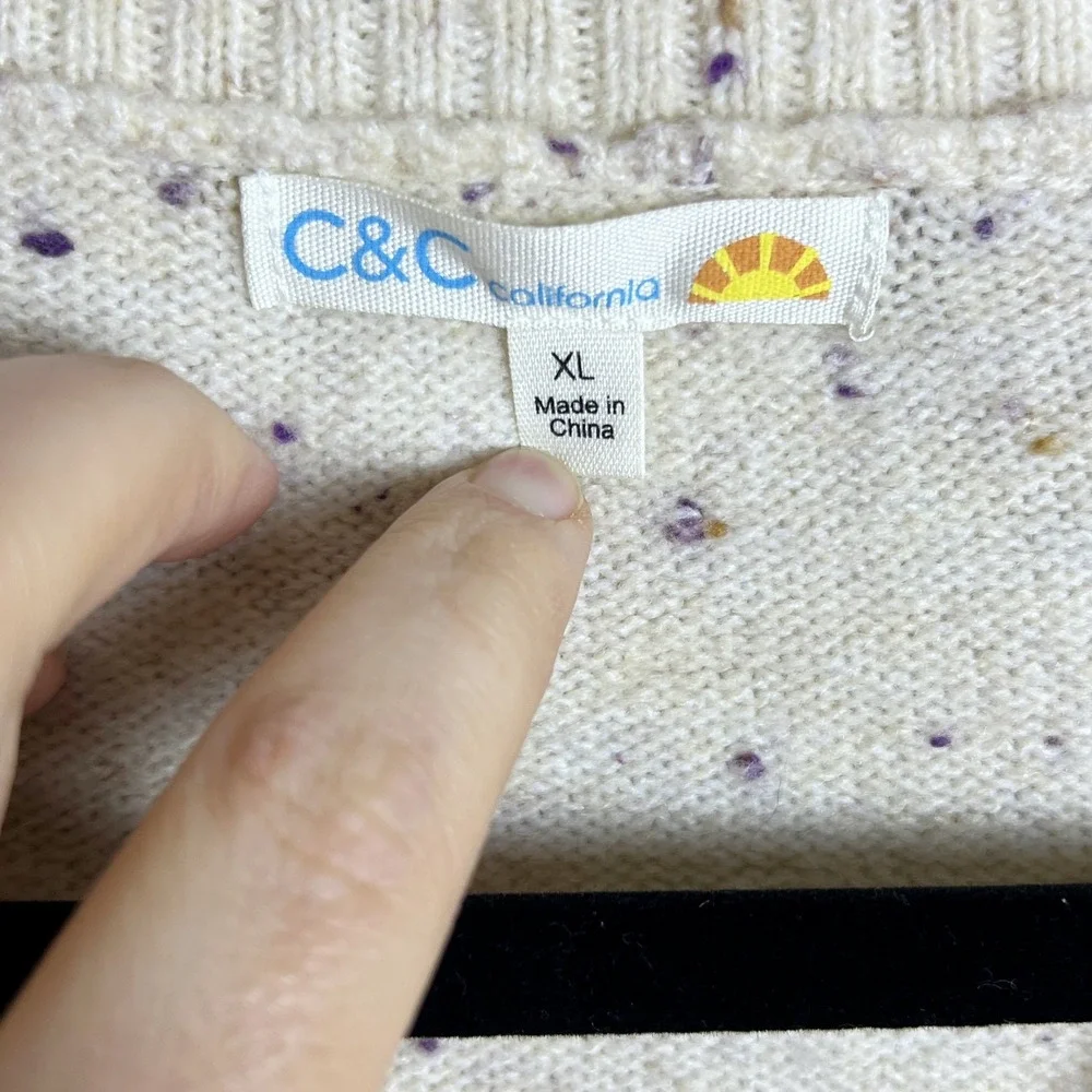 C&C California Confetti Knit V‎ Neck Sweater Cream Women XL
